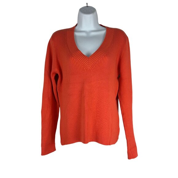 St. John's Bay Women's Ribbed V-Neck Sweater Size L Orange Long Sleeved - Picture 1 of 6